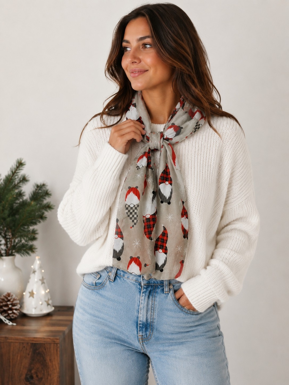 Holiday Gnome Print Scarf in Gray Silver and Red - Picture 3 of 3